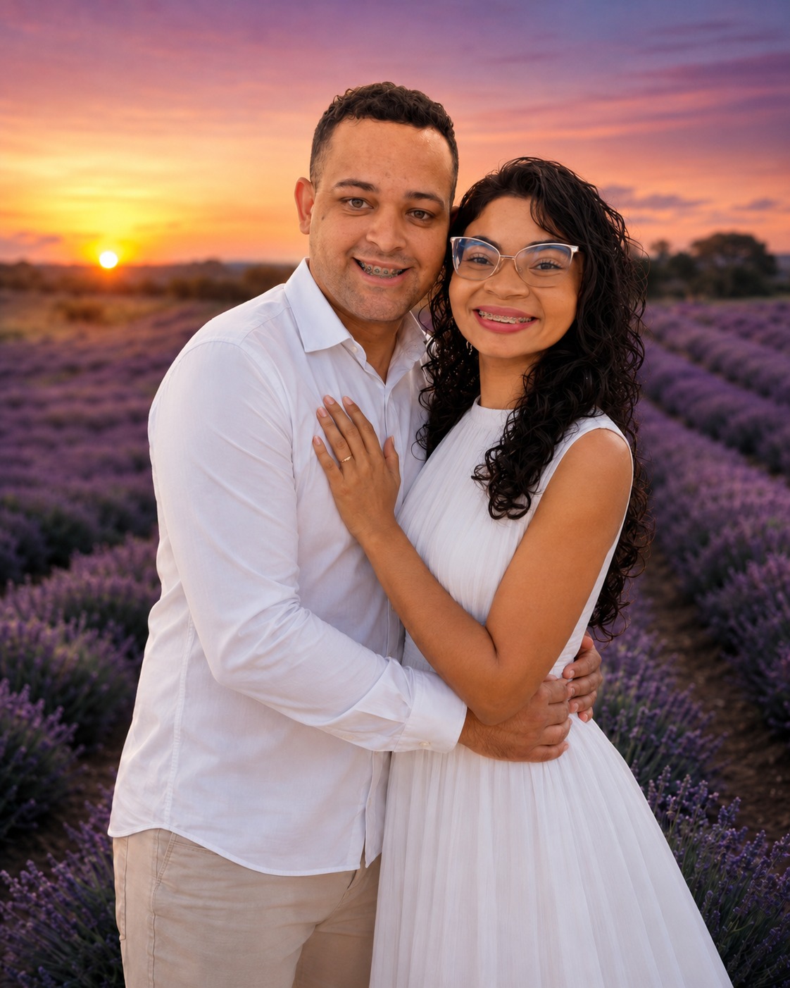 Isabel e Lucas em um campo de lavanda ao pôr do sol